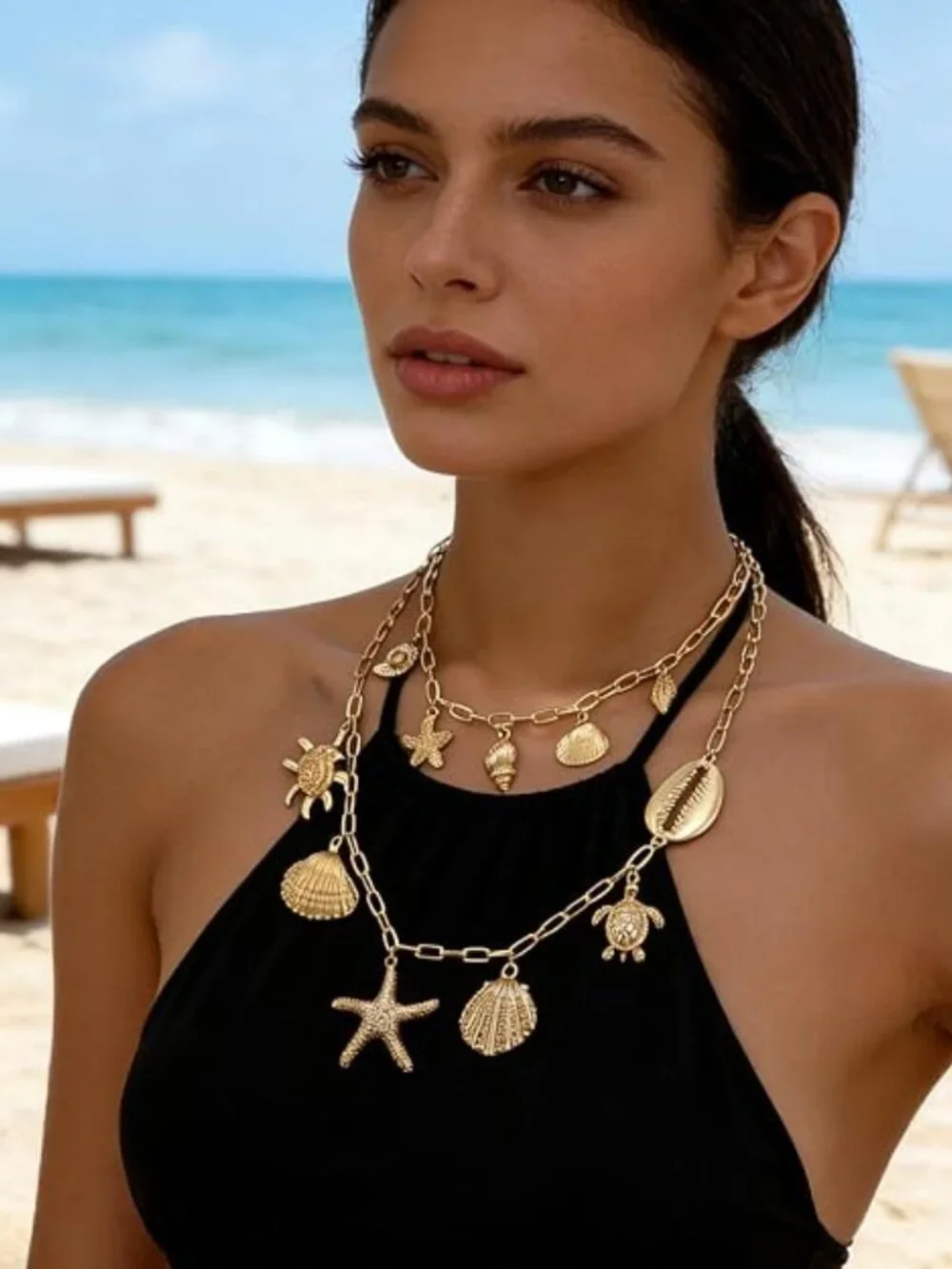 BRAND NEW Women Layered Gold Seashell Starfish Pearl Necklace